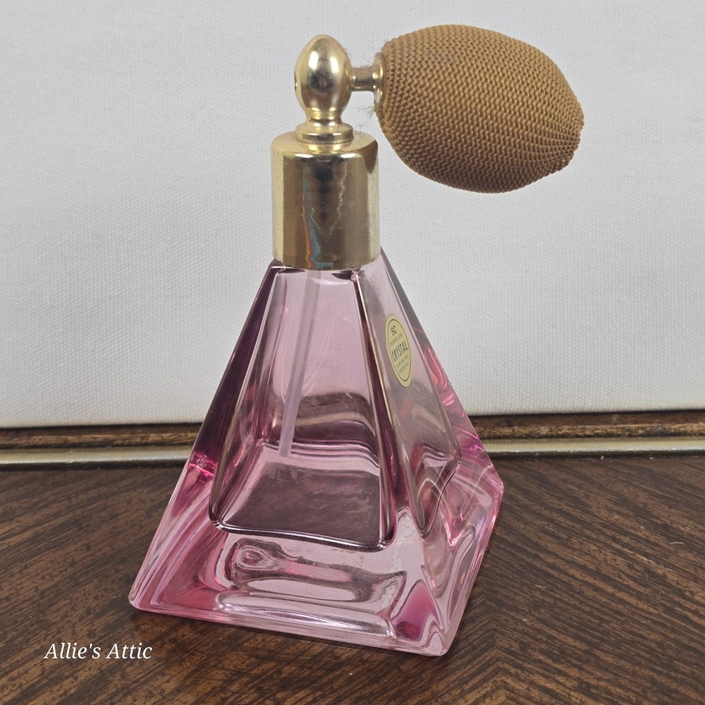 Vintage Decorative Perfume Bottle Pink Dauber Glass Crystal Triangle Empty